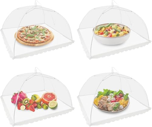 joonnair 4 X Fliegenhaube faltbar Abdeckhaube Faltbare Kuchenabdeckung Faltbare Lebensmittel Abdeckung mit Tragegriff für Gartenparty, Camping, Buffet & Picknick (43x43cm, waschbar)