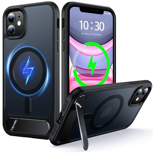 NJROW Magnetic Stand for iPhone 11 Case Compatible with MagSafe Black | [Stand & Wireless Charging 2in1] [Flush Hidden Kickstand] [Military Shockproof] Slim Translucent Matte,Black