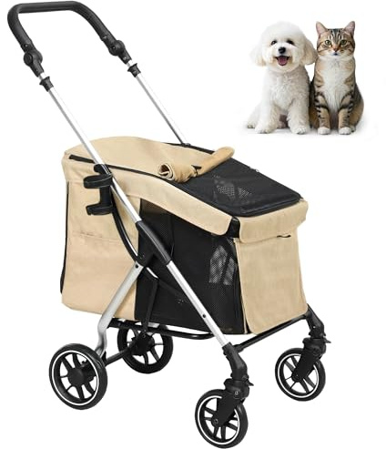 PawHut Hundewagen leicht Hundebuggy aus Aluminium klappbar für Hunde & Katzen Katzenbuggy mit Kissen Netzfenstern Türen Aufbewahrungskorb Katzenwagen Mini-Hundewagen für kleine Hunde Khaki | Katzenbuggy, Mit Kissen, Netzfenstern, Türen, Aufbewahrungskorb, 360° Drehbare Räder, Katzenwagen, für Kleine Hunde