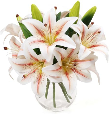 Merakdoira 6-teiliges künstliches Lilien-Set – 12 Blüten & 6 Knospen künstliche Blumen | Hochzeit/Haus/Büro Dekor, DIY, Grab | Künstliche Blumen (weiß)