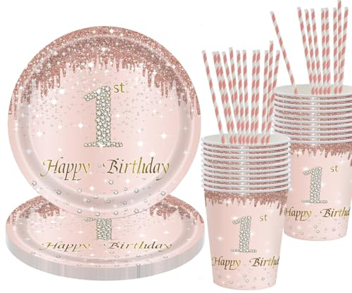 YRsorn Set de vaisselle de fête décorative pour fille - Assiettes en carton pour premier anniversaire - Décoration d'anniversaire de 1 an pour 20 invités