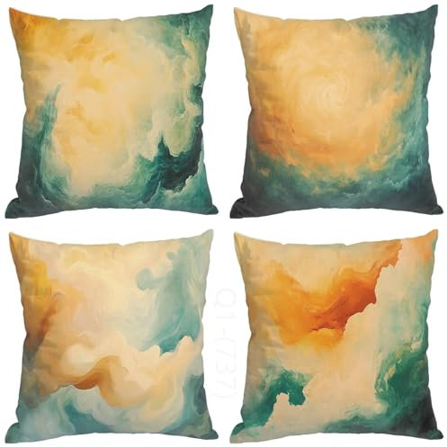 Modern Kissenbezug 80x80 cm, Outdoor Kissen Gelb Muster Design, 4er Set Doppelseitig HD Drucken Wetterfest Leinen Kissenbezüge mit Unsichtbarem Reißverschluss für Zimmer Outdoor Deko Kissen Aesthetic