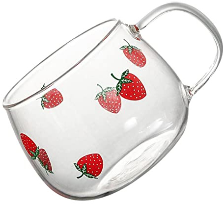 SOLUSTRE Tazza da Caffè senza Sbavature in Vetro Stampa Fragola Capacità 350ml Facile da Pulire per Caffè e Tè in Caffetteria o Ristorante