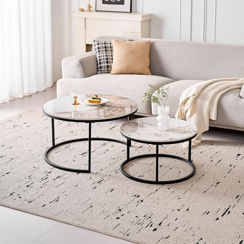 GrandCA HOME 2er-Set Runder Couchtische, Moderne Satztische für das Wohnzimmer, Schwarzer Metallrahmen, 50 cm und 70 cm Große Beistelltische, aus Pandora-Marmor-Sinterstein