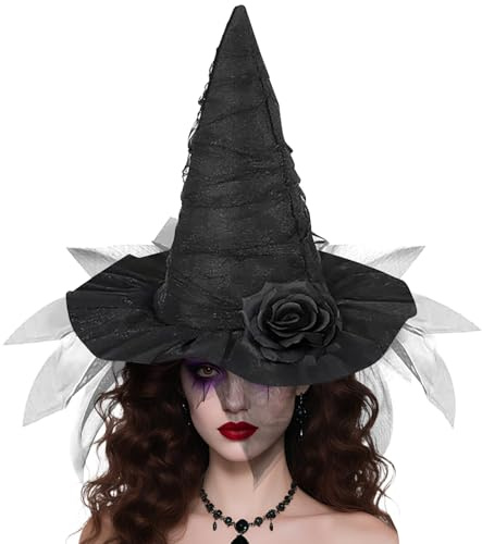 Hexenhut Damen Halloween Zauberer Hut deko Kostüm Spitzes Hexen Hut,Hexen Zubehör für Halloween Karneval Fasching Mottoparty Cosplay