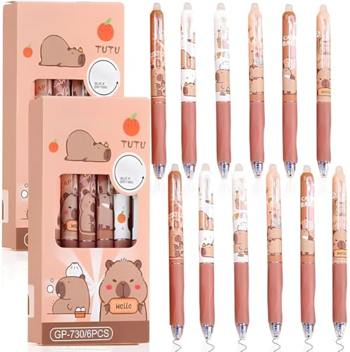 KMFASVX 12pcs Capybara Radierbare Gelstifte,Capybara Stifte, Radierbarer Kugelschreiber, 0.5 MM Cartoon Tier Capibara Kugelschreiber Radierbar mit Radiergummi oben für Schule, Büro (B)