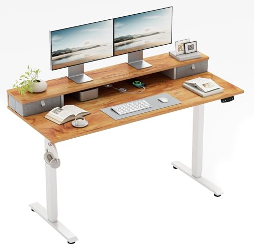 Klicelor Height-Adjustable Desk with Double Drawers, Electric Height-Adjustable Desk, Sit-Stand Computer Desk, Ergonomic Standing Desk, 100 x 60 cm, Light Brown
