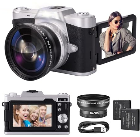 Fotocamera digitale 4K con grandangolo e obiettivo macro | Flip screen, zoom digitale 16x, fotocamera compatta per adolescenti, principianti, vlogging, con 2 batterie