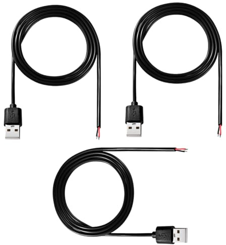 MejaRizon 3 Stück USB-A Stecker, Pigtail offenes Ende Stromkabel 5V 3A 100cm 1m 2-poliger Draht DIY Pigtail-Kabel, für USB Geräte Installed oder DIY Replace Repair Cable