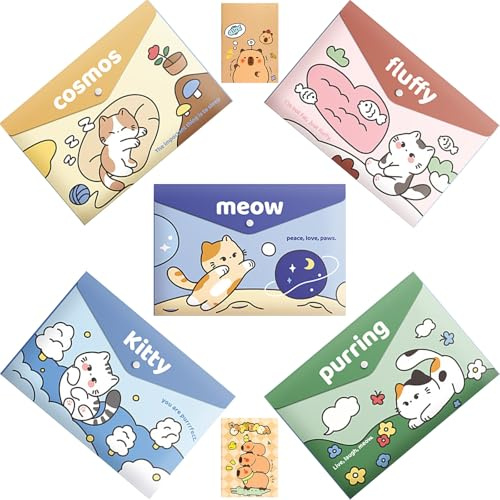 ZenyTra Lot de 5 porte-documents A4 pour enfants | Motif chat mignon avec dossiers en plastique imperméables | Pour l'école, la maternelle et la maison (multicolore, avec 2 carnets)