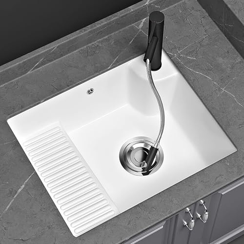Lavatoio Lavanderia Ceramica, Lavandino Bagno con Asse da Lavare, Lavabo Bagno con Rubinetto Estraibile e Kit di Scarico, per Balconi, Bagni e Lavanderie(70.5x48cm/27.7x18.9in)
