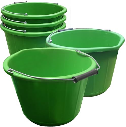 Builders Bucket 3 Gallon 14 Litre Heavy Duty Green Plastic Bucket Water Mixing Storage Strong with Handle and Spout Made in U.K. Pack of 5