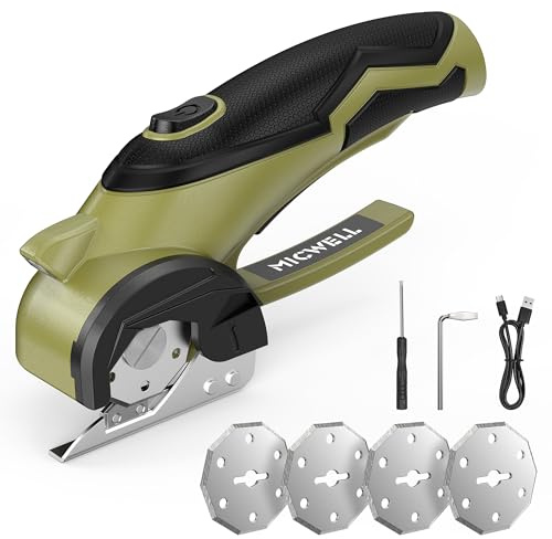 MICWELL Rechargeable Electric Box Cutter with 4 Blades - 4V Rechargeable Cordless Electric Scissors, Safety Lock & LED Light for Cardboard, Fabric, Leather, Plastic & Carpet