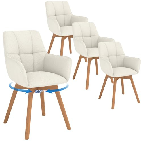 LEWE Esszimmerstühle Drehbar 4er Set mit Armlehne und Holzbeinen, Beige | 360°Drehstuhl, Polsterstuhl mit Ergonomische Stoffrückenlehne, Stühle für Esszimmer, Küche, Wohnzimmer, Schlafzimmer