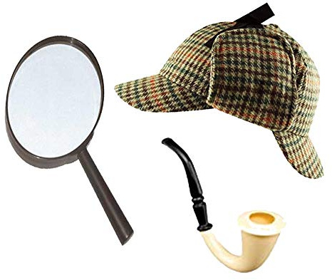 GrassVillage Sherlock Holmes Fancy Dress 3pc Accessory Set Deerstalker Hat + Magnifying Glass + Victorian Look Pipe Detective Kit