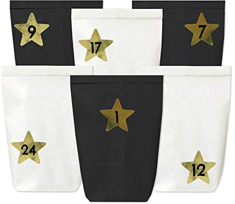 Papierdrachen Adventskalender 2025 zum Befüllen - 24 Papiertüten in Schwarz Weiß mit Zahlenaufklebern - Motiv Sterne Gold- DIY - zum Basteln - Weihnachten