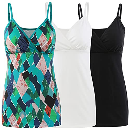 COLOMI Canottiere Premaman Allattamento Reggiseno Incorporato per Allattamento Canotta Base (Black+White+Green Print/3Pack, M)