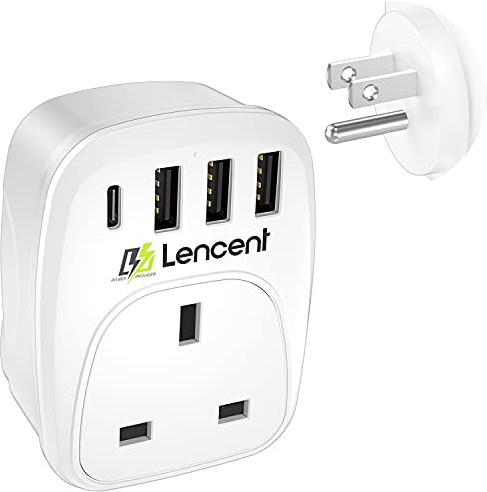 LENCENT UK to US Plug Adapter with 3 USB-A and 1 USB-C Ports, Type B | Grounded America Travel Adapter for USA Mexico Canada Thailand and More