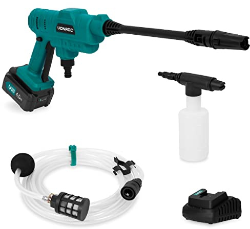 VONROC 20V Batteridriven Högtryckstvätt – Inkl. 4.0Ah Batteri & Snabbladdare | 24 Bar Mobil Tvätt | Sugslang för Hink/Regntunna | Justerbart Munstycke & Skumpistol | PW508DC