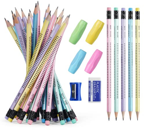 OFFCUP Lápices de Madera, 30pcs HB Lápices de Grafito Antideslizantes, Lápiz con Borrador Ayuda de Escritura para Estudiantes Punta Fina para Escribir, Dibujar,Niños