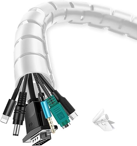 Shinfly kabelslang 20m, självstängande Kabelskydd 2x10m, 22mm + 28mm Kabelhantering med 1 ledningsguideklämma, cable sleeve göm i skrivbordet, TV, golv, Vit