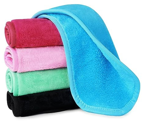 URAQT 5 Pack Face Cloths Make Up Remover Microfibre Face Wipes for Reusable Makeup Remover Cloth Washable Ultra Soft Facial Cleansing Wipe Cloths (Blue/Rose/Red Black/Pink/Green)