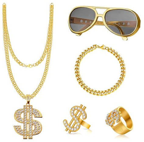 JurciCat Pimp Kostym 5 Delar Hip Hop Dollar Kedja & Ring Shadow Wizard Money Gang Guldkedja Solglasögon 80- och 90-tals Outfit Herrtillbehör Karneval Kostym