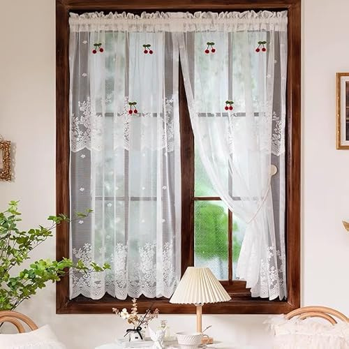 Devola Scheibengardinen Spitze Kurzgardine Landhaus Transparent Bistrogardine Blumenmuster Küchengardine Vintage Gardinen Französischer Landhausstil HxB 90x150cm Weiß 1 Stück