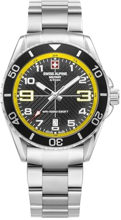 Swiss Alpine Military by Grovana 7029.1138SAM Montre analogique à Quartz Suisse pour Homme avec Bracelet en Acier Inoxydable, Acier/Acier/SW-Jaune - 1138sam, Bracelet