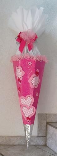 Schultüten Bastelset Blumen und Herzen pink-rosa mit Schleifenband-Rüsche, Glitzer-Rohling