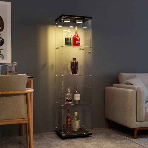 FANYUSHOW Glasvitrine, Schwarze Vertikale Vitrine, Moderne Glas-Holzvitrine, 4-stufige Glasvitrine für Sammlerstücke, Bücher, Wein, Büro, Wohnzimmer, Küche, 164 x 42,5 x 36,5 cm mit Licht