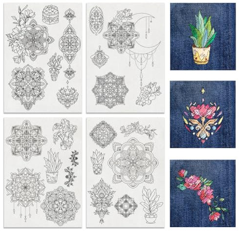 BENECREAT 4 Blatt 24 Stück Mandala-Blumen Wasserlösliche Stickerei, Stick Und Stichpapier-Stabilisator Für Hemden Mit Mond- Und Pflanzenmotiv, 29.7x21 cm, Mäntel, Taschen