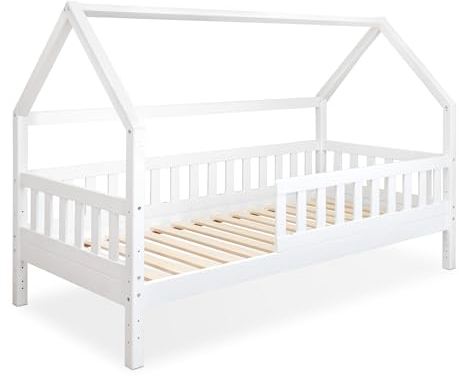 Ehrenkind® Hausbett Lille | Kinderbett mit abnehmbaren Rausfallschutz aus Massivholz FSC® zertifziert | Hausbett 90x200 | Kinderbett 90x200 Weiß