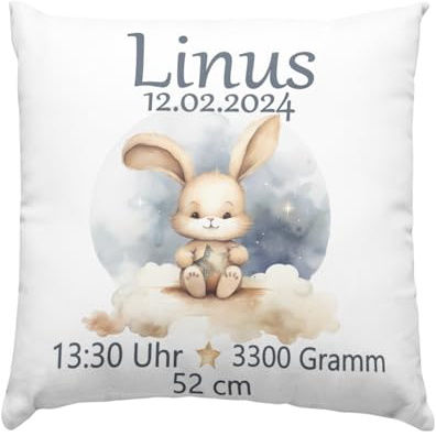 Baby Geschenk Kissen mit Namen und Geburtsdaten - Geburt Junge oder Mädchen Geburtsgeschenk Babykissen -personalisierte Babygeschenke -taufgeschenk von Taufpaten - neugeborenen Hase mit Stern