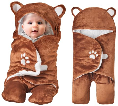 Lilian&Gema Swaddles Pucksack Baby 0-6 Monate, Ultra Soft Plüsch Essentiell Baby Schlafsack für Jungen und Mädchen, Niedlicher Bär Swaddle Braun, Babys Pucksack Geburt