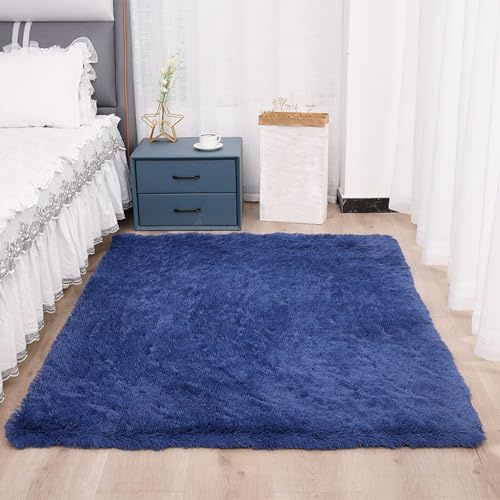 BESTORI Plüsch Teppich Shaggy rutschfest Hochflor Carpet Waschbar Langflor Flauschig weich Teppiche für Schlafzimmer, Wohnzimmer, Kinderzimmer, Dunkelblau, 50x80cm