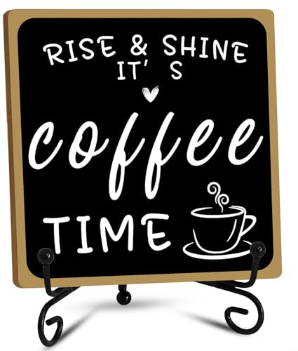 Black and White Coffee Bar Sign Decor with Iron Stand - Wooden Tabletop Shelf Accessories and Station Home Farmhouse Decorations