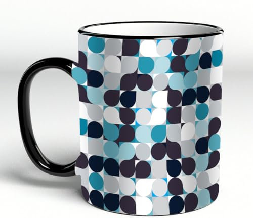 YOIUE Tasse aus Keramik - Große 11oz Tassen 330ml Kaffeetassen mit Henkel, 100% Handbemalt - Trinkgläser mit Griff - Weiß,Retro-Innenkreise Muster mit Quadraten Mosaik im antiken Stil