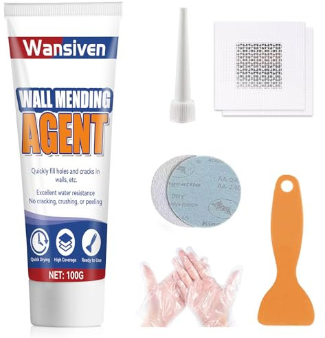 Wansiven Wandreparaturcreme, Weißes Spachtelmasse Set, Fertigspachtel Reparaturpaste zum Füllen von Rissen und Putzflächen, mit Schaber und Reparaturflicken (100 g)