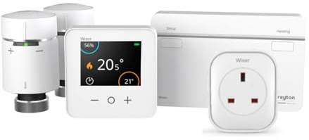 Drayton Wiser Smart Thermostat Heating Kit with 2 x TRV + Smart Plug – Complete Heating & Hot Water Control for Conventional Boiler - DIY Install, White