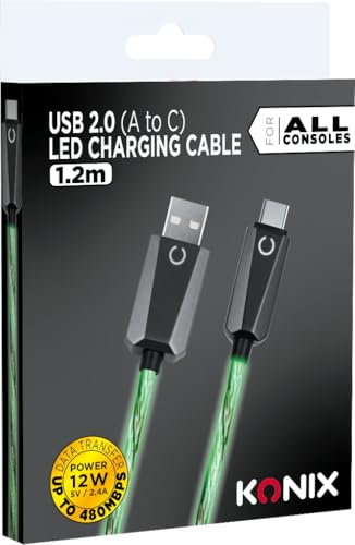 Konix USB-2.0-Kabel Typ A zu Typ C für PS5, Switch 2 und Xbox Series X|S - Schnellladung bis zu 12 Watt - Länge 1,2 m - Grüne LED-Beleuchtung