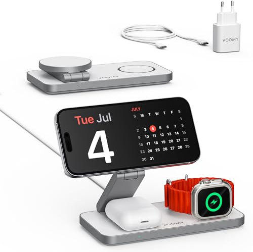 Voomy Carga inalámbrica 3 en 1 MagSafe – Estación de Carga para iPhone, Apple Watch y AirPods – 15W, diseño Plegable, con USB-C y Adaptador – Compatible con MagSafe y Qi