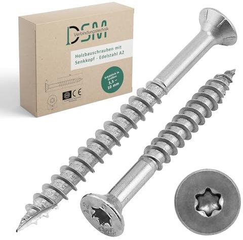 DSM - Lot de 500 vis pour construction en bois en acier inoxydable A2 - 6 x 80 mm - TX25 - Vis à tête fraisée - Tête inférieure renforcée avec nervures de fraisage et pointe Cut - Encoche de coupe -
