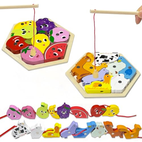 Kulveanju Wooden Fishing Game Toys - 3 in 1 Wooden Montessori Toys: Magnetic Fishing Game Animals & Fruits, Puzzle, Bead Threading for Toddlers, Educational Learning Gifts for 2 3 4 Year Old Boy Girl