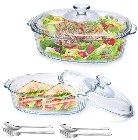 2 Pack Glass Casserole Baking Dishes with Lids for Oven,1.9 Qt and 3 Qt Ribbed Oval Glass Serving Dishes Bakeware Set for Lasagna,Casseroles,Leftovers,Cooking,Kitchen