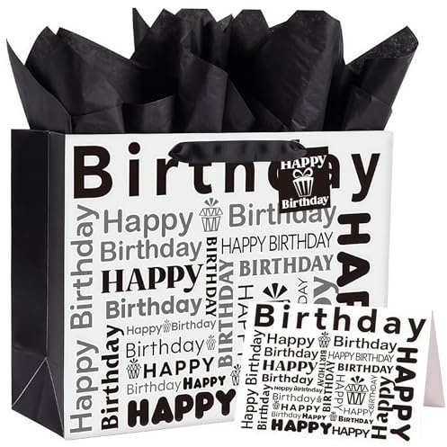 Grande sacchetto regalo 33 cm x 12 cm x 26 cm, sacchetto regalo di lusso bianco nero con biglietto di auguri e carta velina, borsa regalo di compleanno per lei, donne, uomini