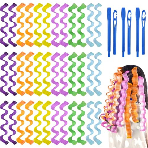 Lot de 36 bigoudis en spirale - 30 cm - Pas de chaleur - Multicolore - Avec 2 crochets de coiffage pour cheveux longs et courts