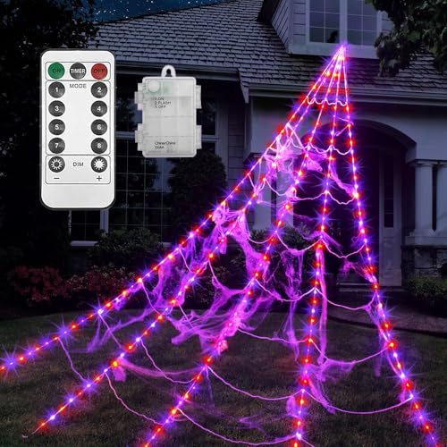 Mineup 5M Luci Ragnatela, 455 LED Ragnatele Halloween, Ragnatele di Halloween con 8 modalità, Ragno e Telecomando, Decorazione di Halloween per Esterni per Feste al Chiuso e all'Aperto