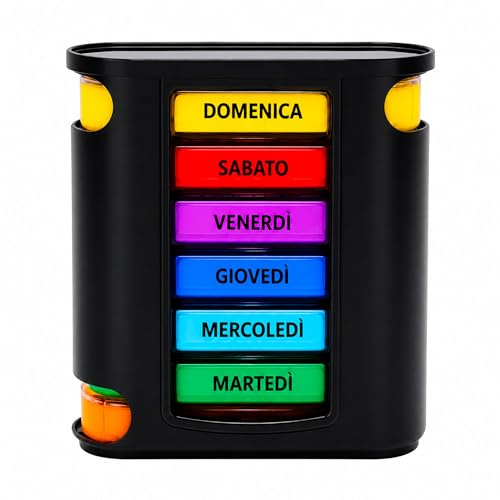 ALL4US® - Portapillole Settimanale Italiano a 28 Scomparti – Organizer Verticale per Pillole Giornaliero Grande, Porta Pillole da Viaggio con 4 scomparti per giorno (NERO)