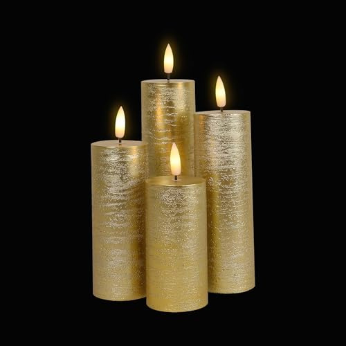 LUCOZA 4er Set Flammenlose LED Kerzen mit Timer für Innen, 10/12,5/15/17,5 cm Batteriebetriebene LED Echtwachskerzen, Realistische Stumpenkerze mit 3D-Dochtlich, Gold